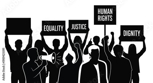 Silhouette of protesters holding signs advocating for human rights and justice