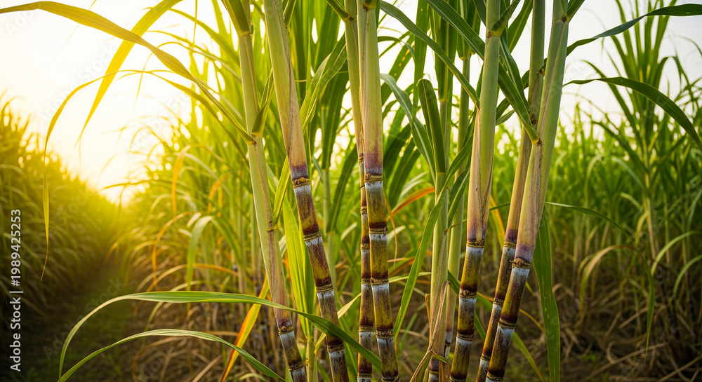Obraz premium Close view of tall sugarcane plants glowing in evening sunlight