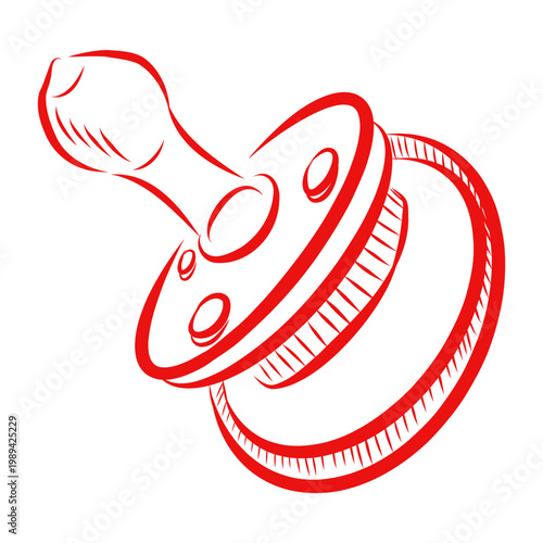 Hand drawn vector illustration of baby pacifier, red line on white background