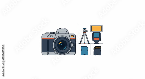 Illustration of camera, tripod, flash, and memory cards