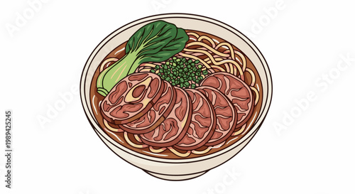 A bowl of noodles with sliced meat, greens, and broth