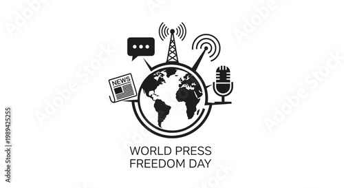 Global communication network with media icons for world press freedom day