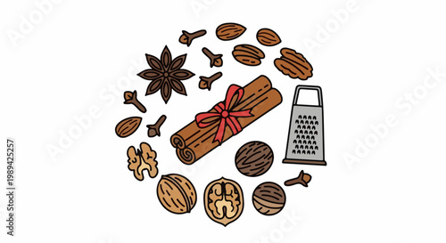 Assortment of spices and nuts arranged in a circle with a grater
