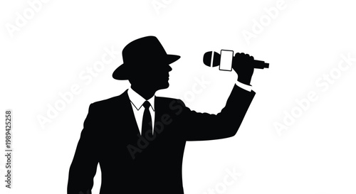 Silhouette of a singer holding a microphone sharply contrasted against white