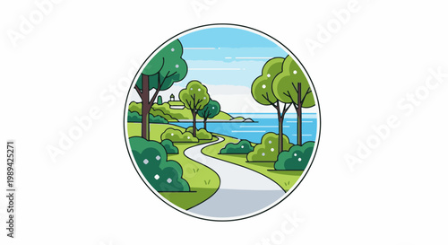 A circular illustration shows a winding path through a park with trees and a lake