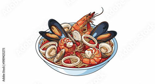 A colorful illustration of a steaming bowl filled with seafood and pasta in tomato sauce
