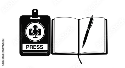 Press pass with an open notebook and pen black and white illustration