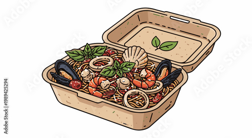 Hearty seafood pasta meal in a disposable take-out container