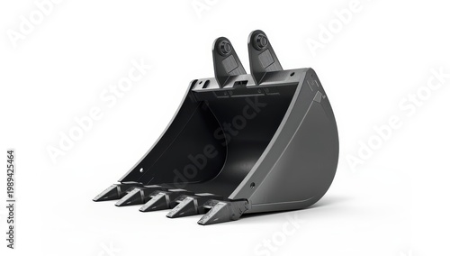 Excavator bucket on a white background. Heavy machinery for earthmoving at a building site. Large metal scoop for digging.