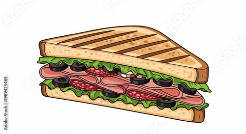 A triangular sandwich filled with ham, salami, olives, and lettuce
