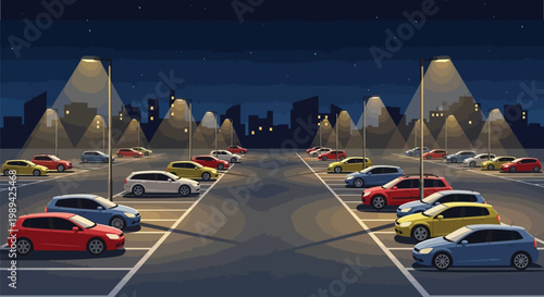 A nearly empty parking lot is illuminated under a starry night sky