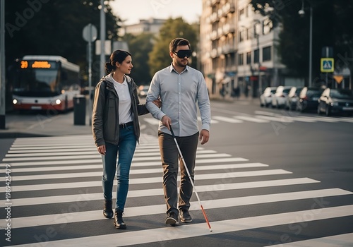 Woman assisting a blind man crossing a pedestrian crosswalk