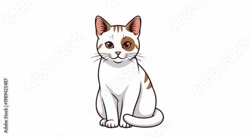 Adorable cartoon cat with white fur and brown markings sits patiently