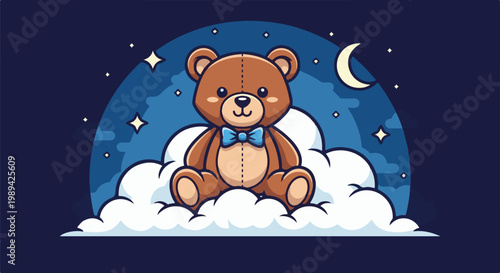 A cute teddy bear sits on soft clouds under a crescent moon and starry sky