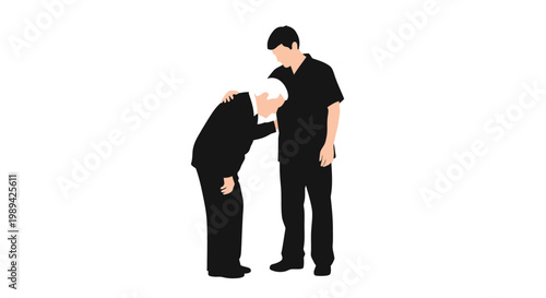 A young man embraces an elderly woman in a silhouette illustration
