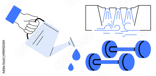 Sustainable living, fitness, water conservation, health, eco-consciousness, physical activity. A watering can pouring water, dumbbells and water usage symbols. Sustainable living and fitness imagery