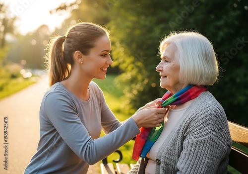Woman assists senior in park wearing scarf during a sunny day