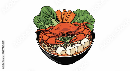 A bowl of ramen topped with a whole crab, tofu, greens, and carrots