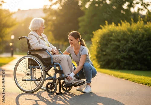 Woman assists senior in wheelchair outdoors on pathway with sunlight