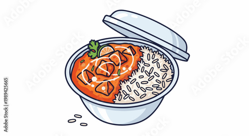Cartoon illustration of a takeaway container filled with rice and curry