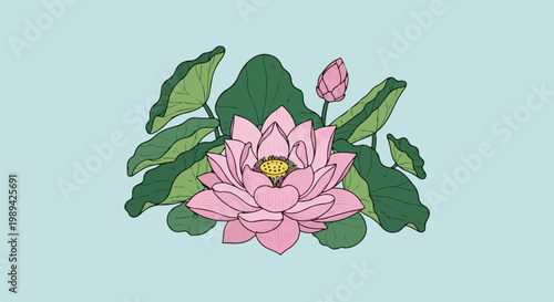 A cluster of pink lotus flowers and buds with broad green leaves against a pale blue sky