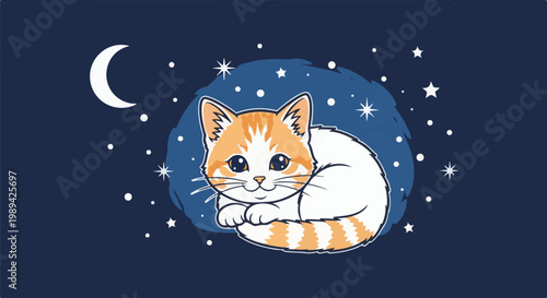 A cute ginger and white kitten naps amongst stars and a crescent moon