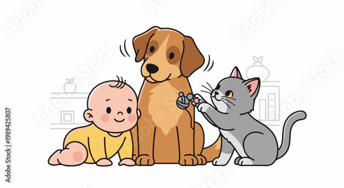 A cheerful baby, dog, and cat are depicted in a playful cartoon style