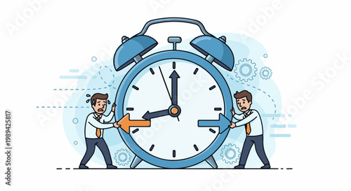 Anxious men push arrows against a giant alarm clock in a conceptual illustration
