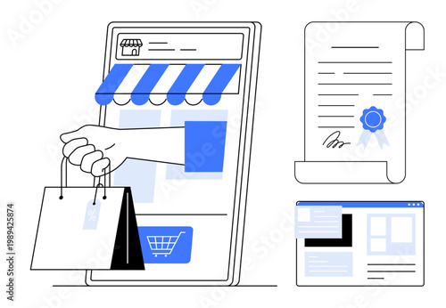 E-commerce, online payments, digital contracts, internet shopping, remote transactions, digital business tools. Hand holding shopping bags through smartphone, certificate and webpage. E-commerce
