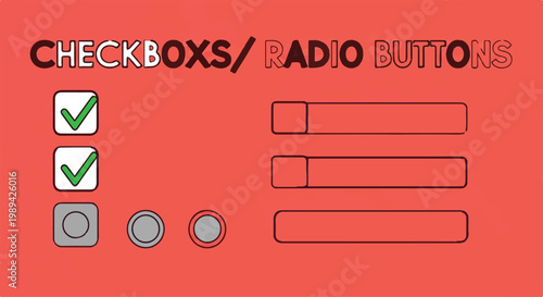 Interactive UI checkboxes and radio buttons vector set, digital form selection elements for user interface design, web survey check box icons on red background