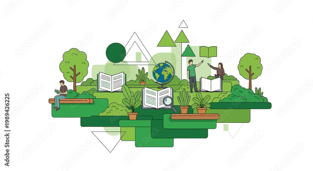 Naklejka premium Sustainable Education Concept: People Learning in Nature with Books and Globe