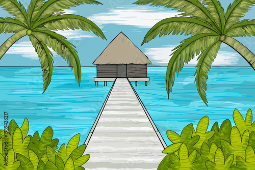 A colorful illustration of a thatched roof hut over turquoise water