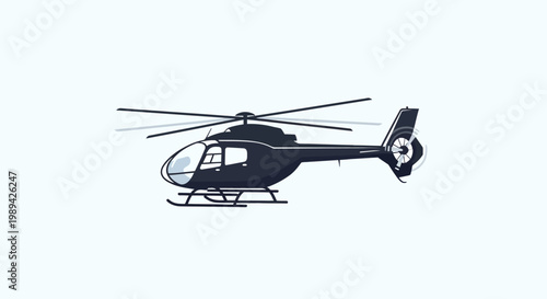Fotografia Sleek black helicopter in mid-flight, isolated on a light blue background, moder