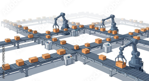 Automated Assembly Line with Robotic Arms and Conveyor Belts