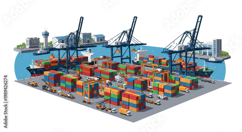 Container Ship Port with Cranes, Cargo Containers, Trucks, and Buildings