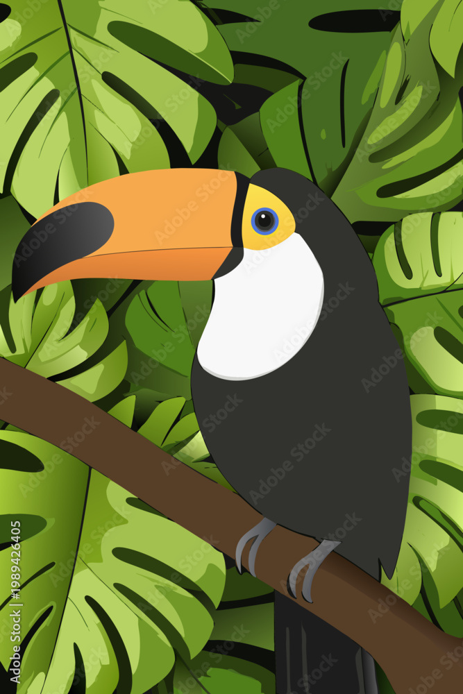 Fototapeta premium Colorful toucan perched on a branch amidst lush tropical foliage