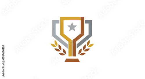 Golden Silver Trophy Award Emblem with Star and Laurel Wreath