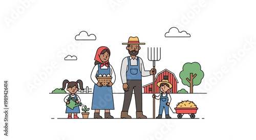 Farming Family Illustration: Parents, Kids, Barn, Pitchfork, Harvest, Rural Life
