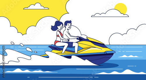 Happy Couple Riding Jet Ski on Sunny Day, Summer Vacation Fun