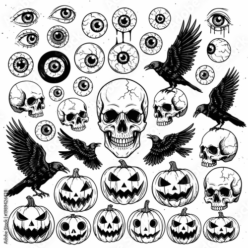 Halloween Symbols: Skulls, Ravens, Eyeballs and Pumpkins - Black and White Illustration