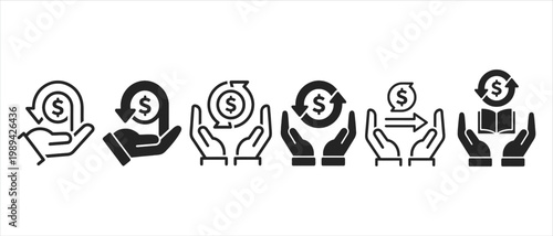 Financial cashback and money refund icon set, 6 black vector icons of hands holding dollar currency with circular arrows, return on investment symbols