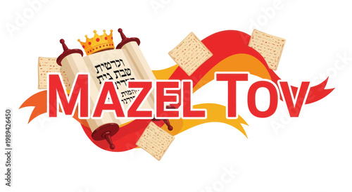 Mazel Tov Jewish Celebration with Torah Scroll, Matzah, and Crown