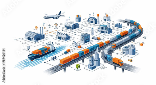 Global Logistics Network: Ships, Trains, Trucks, and Airplanes Connect Industries