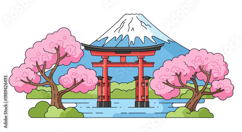 Japan Scenic View: Mount Fuji, Torii Gate, and Cherry Blossoms