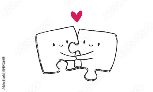Loving Puzzle Pieces Embracing with Heart Perfect Match Doodle Vector for Love, Connection and Partnership