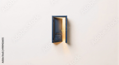 Minimalist Conceptual Image of an Open Door with Bright Light Glowing from Behind on a Plain Wall, Symbolizing Opportunity and Hope