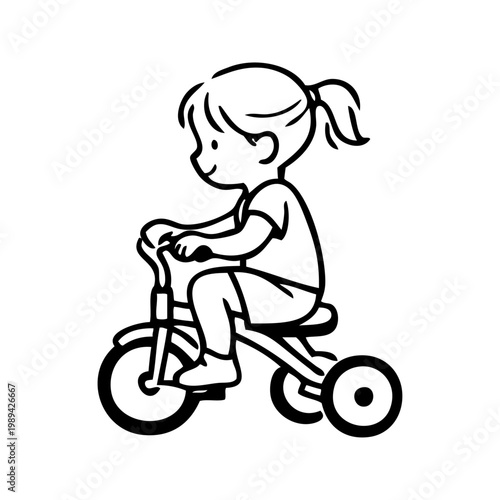 Logotipo con dibujo minimalista con líneas de una niña pequeña pedaleando en su triciclo. 