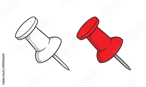 Pushpin Thumbtack Vector Set Hand-Drawn Red and Outline Office Stationery Icons for Boards and Reminders