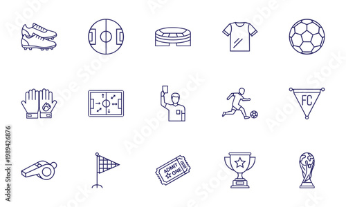 Soccer Football Line Icons Set. Player, Equipment, Stadium, Referee and Trophy. Sports Game Elements Vector Collection.