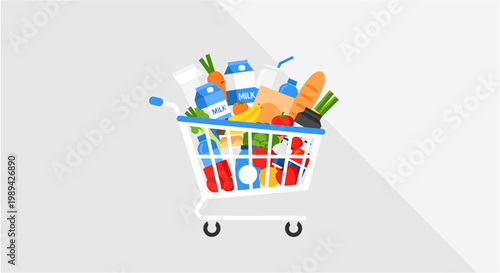 A shopping cart filled with groceries